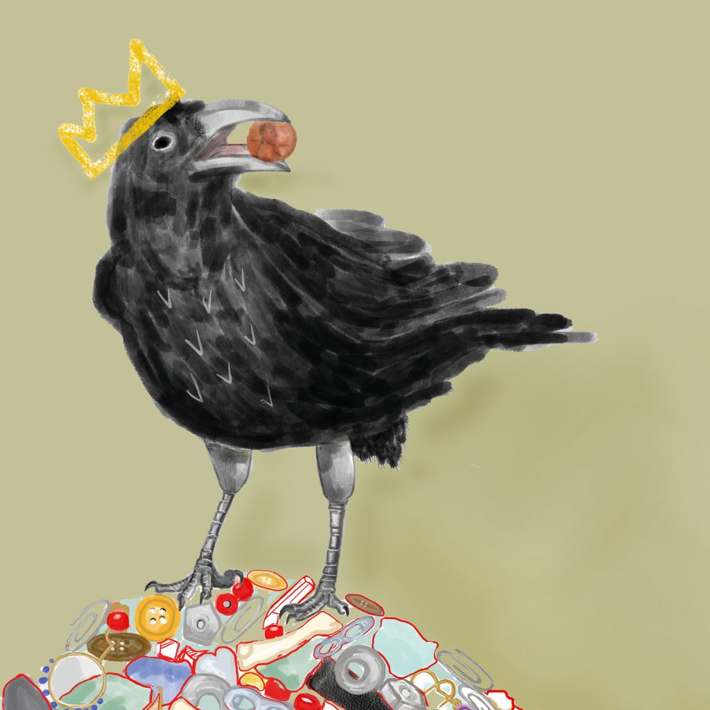 crow with a hand drawn crown standing on a pile of treasures