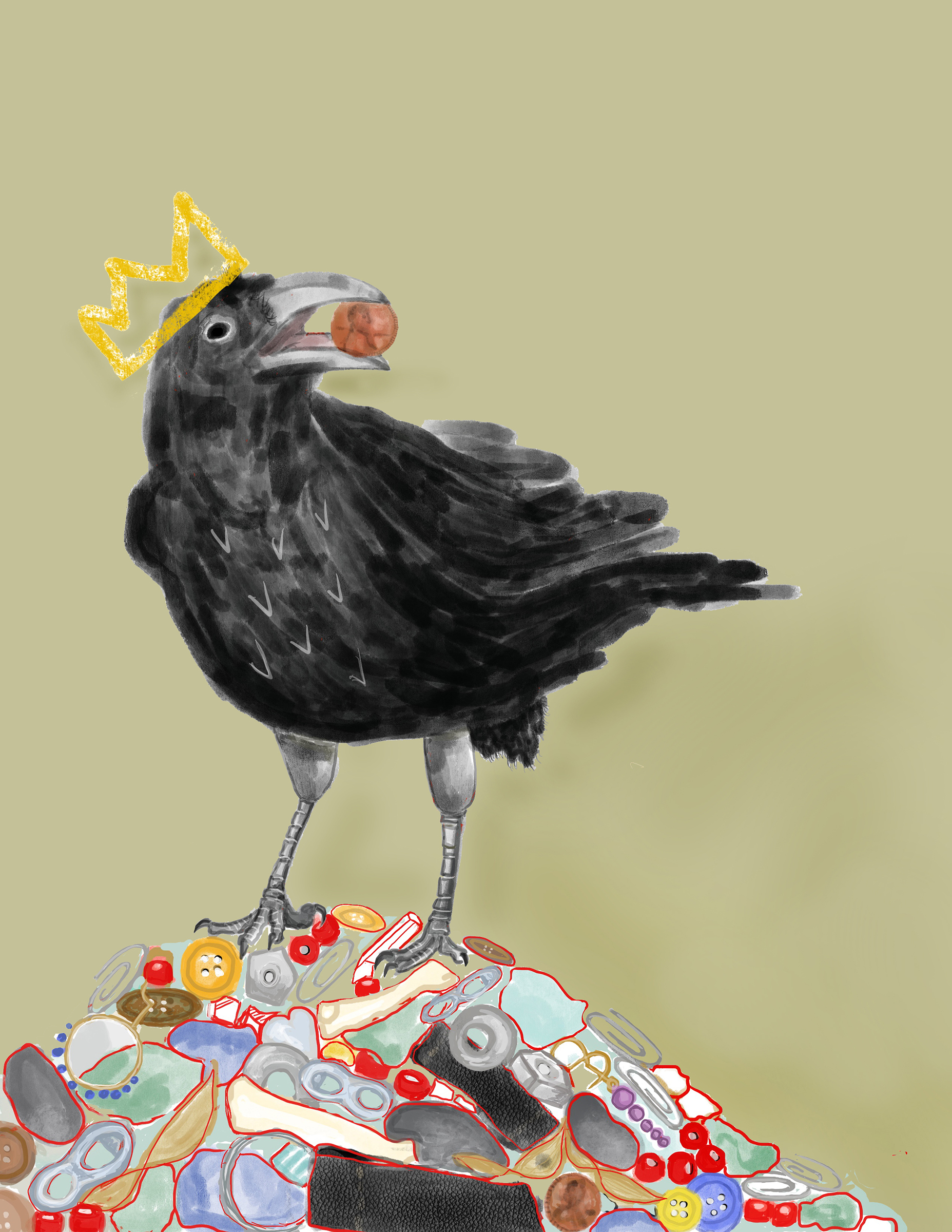 crow with a hand drawn crown standing on a pile of treasures