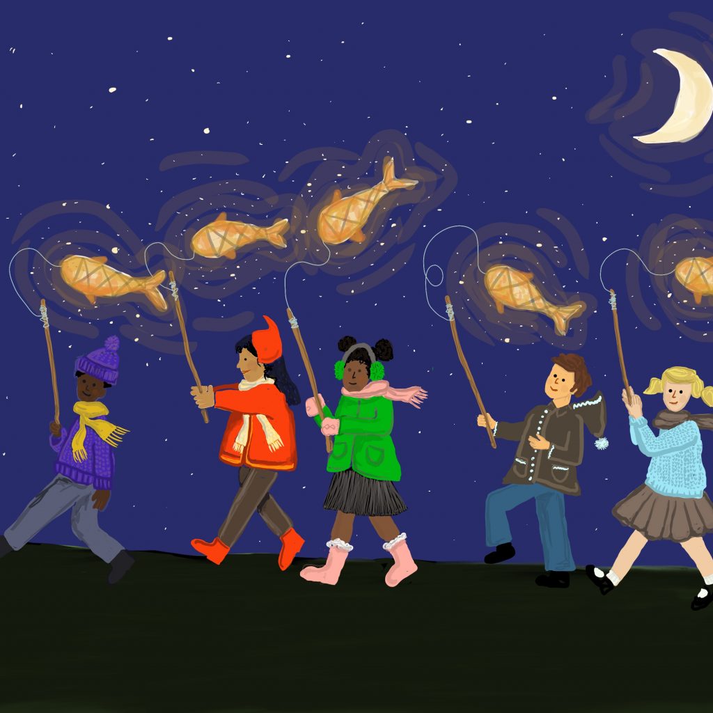 children carrying fish lanterns